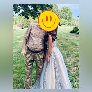 Prom Dress silver size 0 with appliqués on the bodice and skirt.